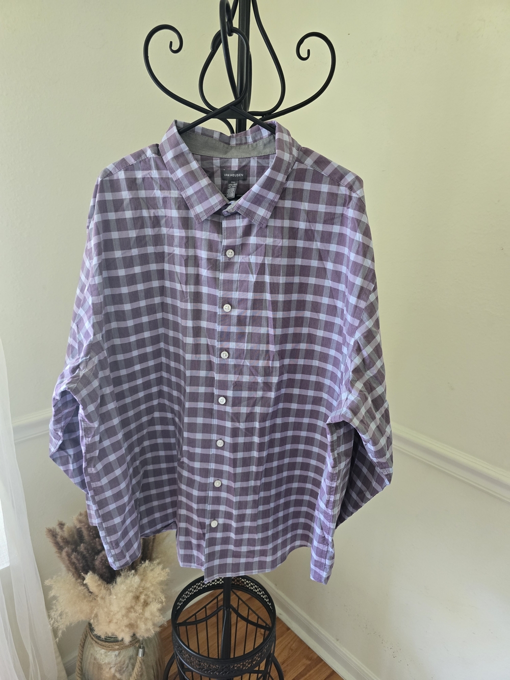 Van Heusen Lavender and White Checked Button-Down Shirt - Picture 2 of 7